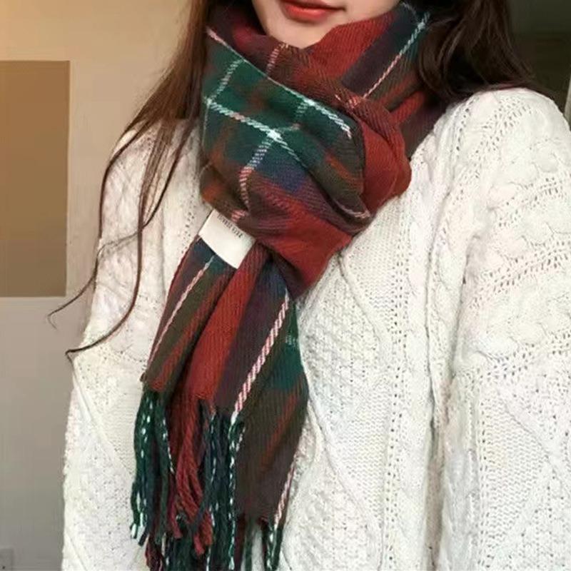 Plaid scarf women's autumn and winter versatile imitation cashmere thickened warm fringed scarf shawl