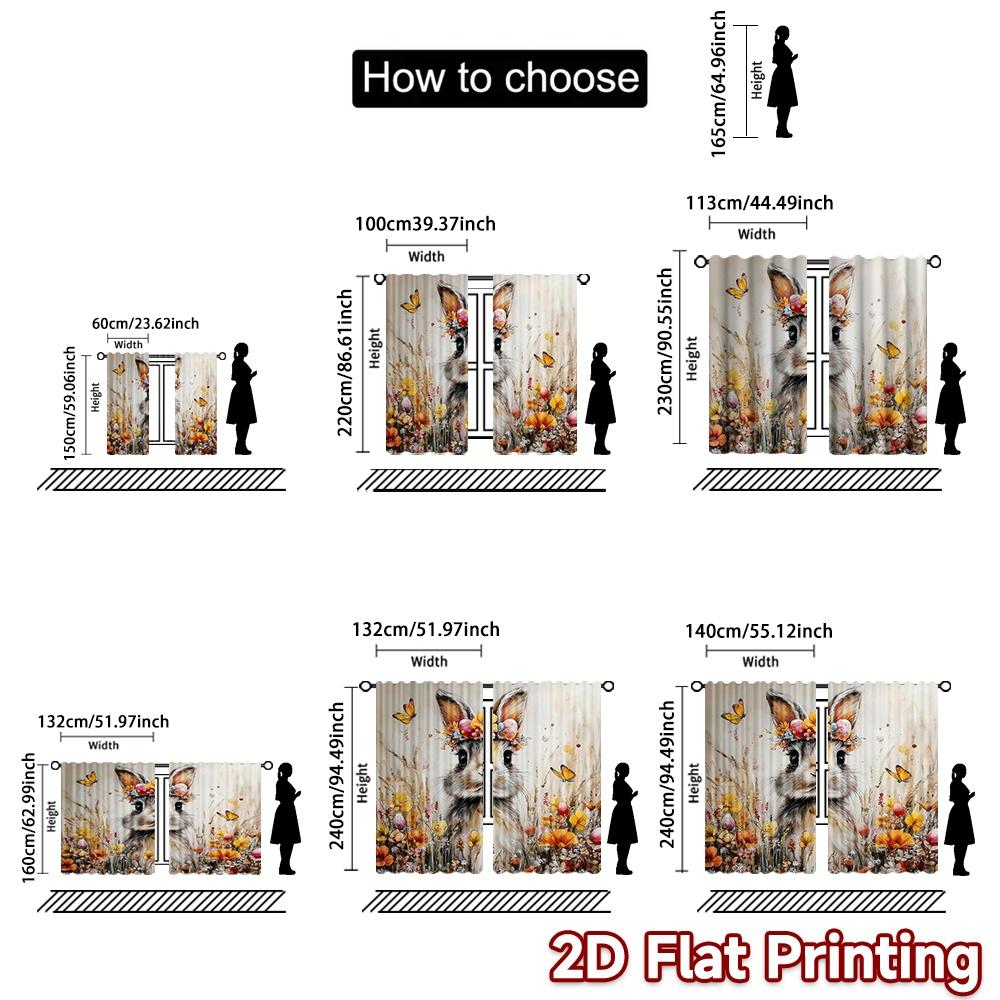 2D flat printing 2pcs Curtain Window Curtains Easter Bunny with Flowers Digital Printed Polyester Drapes Family Party Decoration