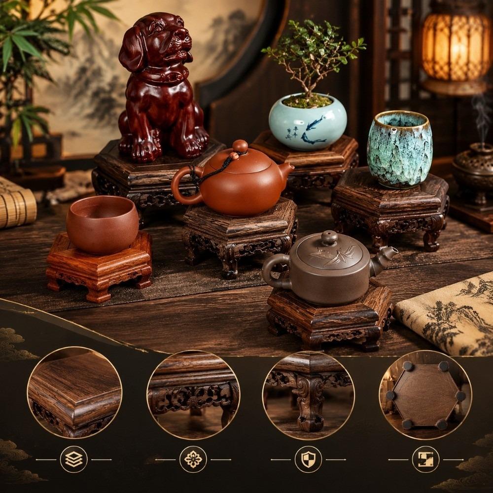 Hand Carved Hexagon Wood Base Teapot Stand Wooden Display Stand Display Base Rack Living Room