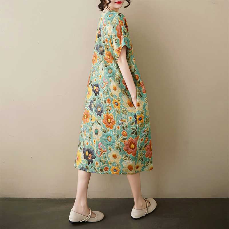 Summer Thin Cotton and Linen Retro Mid Length Dress with Feminine Temperament