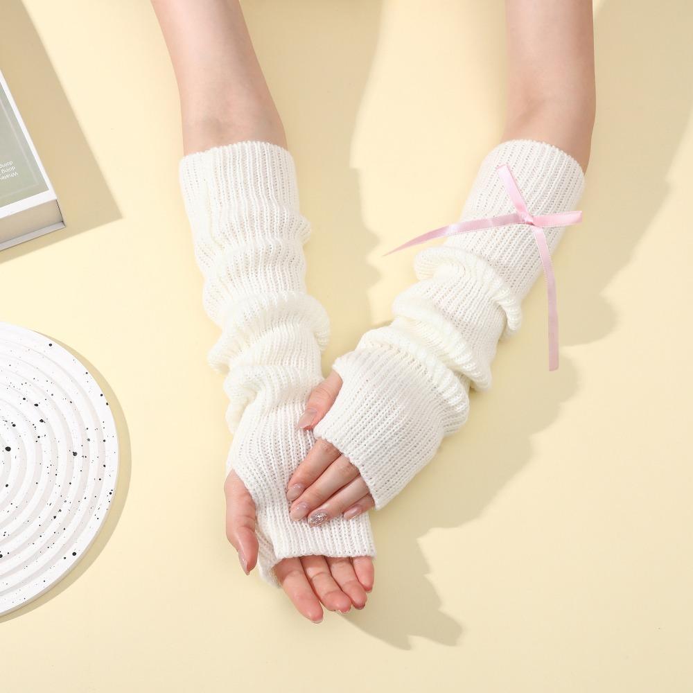 Fashion Y2K Long Wrist Gloves Thicken Bowknot Arm Warmers Soft Solid Color Knitted Arm Sleeves Women
