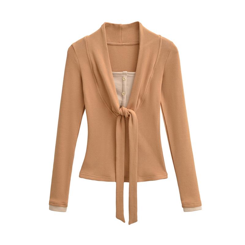 Women's Faux Cashmere Trendy Layered Long-Sleeve Tie-Up Top for Spring/Autumn