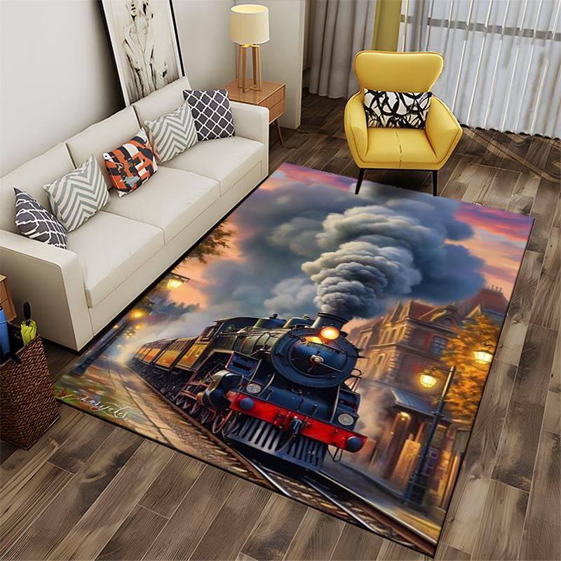 Black Steam Locomotive, Vintage Style, Full of Power Suitable for Use As an Anti-slip Game Mat for Living Room and Bedroom Sofas