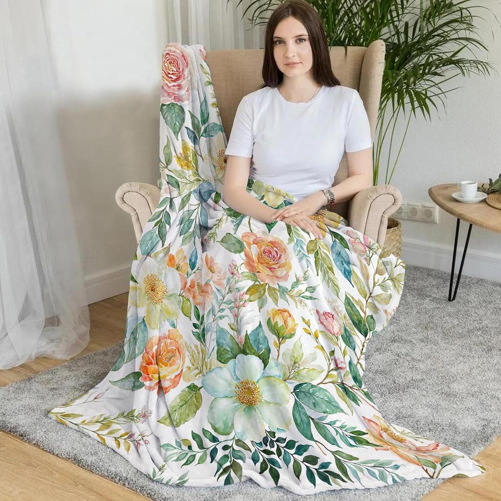 Leafy Watercolor Floral Throw Blanket Pink Green Botanical Art Home Bedroom Living Room Decor Gift