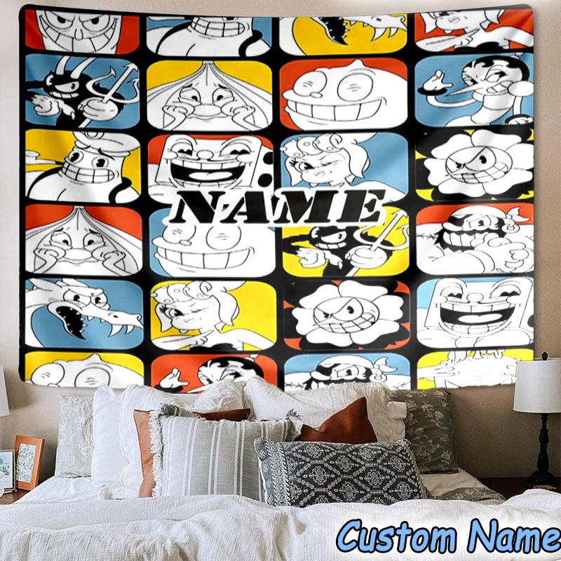 Custom Name Tapestry Cuphead Tapestry, Unique Design Tapestry, Suitable for Bedroom,Livingroom, Playroom,Heartwarming Fan Holiday Gifts