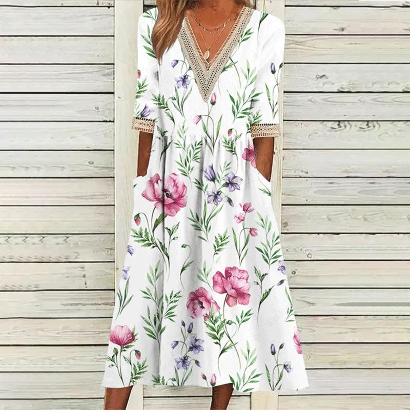 GMXIA Dames Mode Zomer Lente 2/1 Mouw V-Hals Casual Jurken