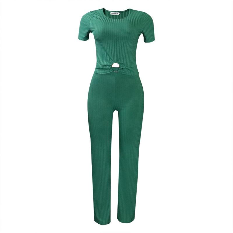 

summer new solid color pit strip casual fashion suit two-piece set XXXL зелений