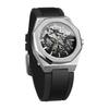 Men's Skeleton Automatic Mechanical Watch Octagonal Case Luminous Hands Black Silicone Band Military Stylish Daily Waterproof Gift - Silver Black