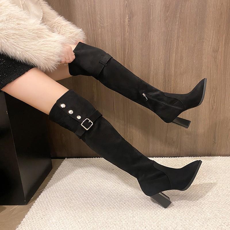 Pointed High-heeled Velvet Boots for Women's Winter New Two-wear Thick-heeled Knee Boots Show Thin Temperament Thin Boots