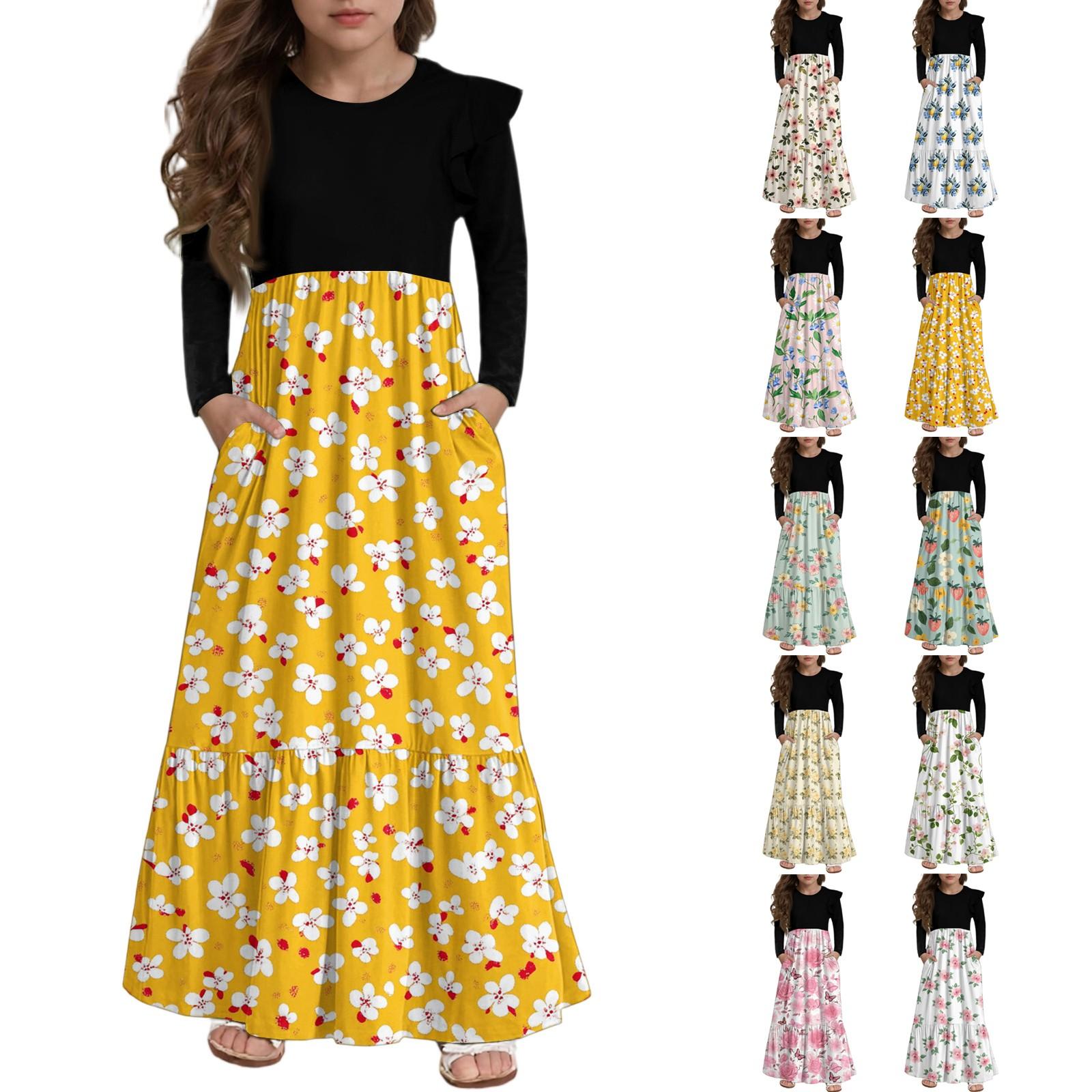 

Girls Tiered Ruffle Dress - Long Sleeve Printed Maxi With Pockets 110 жовтий
