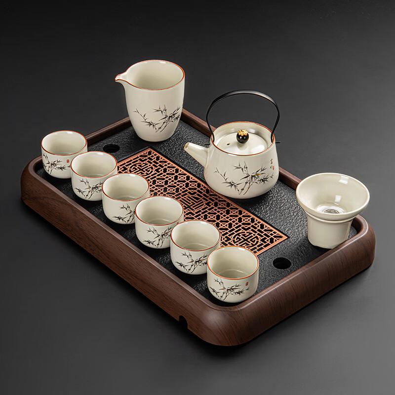 Ru Kiln Tea Set with Bamboo Handle Pot & Ebony Tray