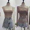 2KWEIRD Women Retro Y2K Hot Girl One Shoulder Mesh Sunscreen Cover Up Camisole Long Sleeve T-Shirt Two-piece Tops Suit Daily Outfit