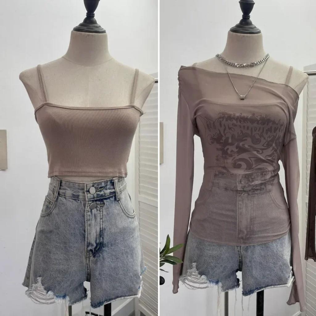 2KWEIRD Women Retro Y2K Hot Girl One Shoulder Mesh Sunscreen Cover Up Camisole Long Sleeve T-Shirt Two-piece Tops Suit Daily Outfit
