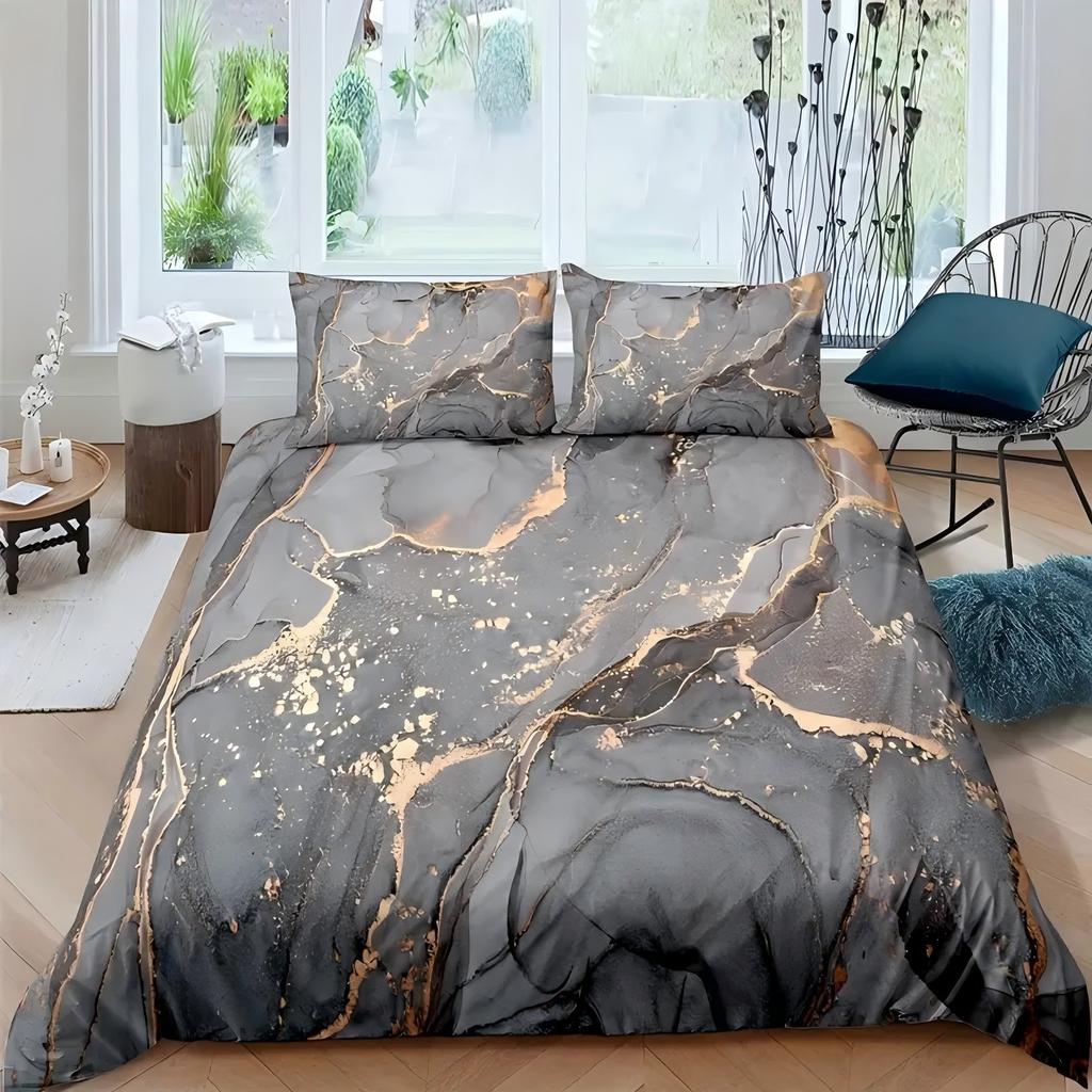 Grey Gold Marble 3D Print Duvet Cover Luxury Simple Style Soft Polyester Comfortable For Teens Adults Quilt Cover Pillowcase