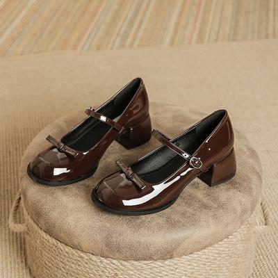 Moda Nuovi Designer Punta Tonda Mary Janes con Fiocco Scarpe con Tacco Spesso Alto Lolita Cinturino alla Caviglia Pelle Laccata Tacco Donna