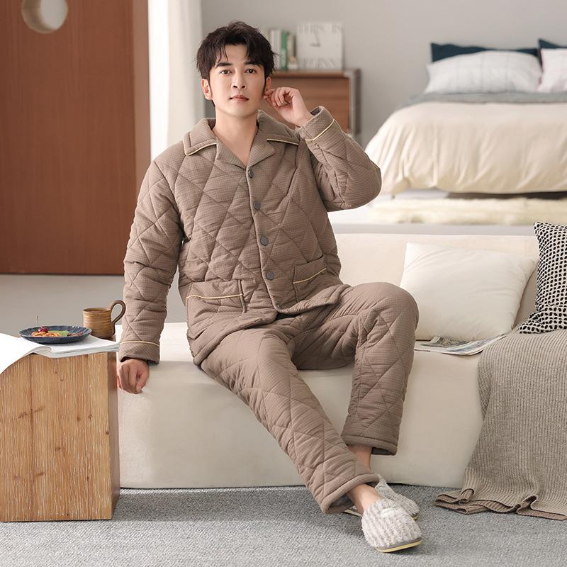 Men's three-layer padded pajamas winter thickened woven pure cotton warm padded jacket anti-static loungewear large size set