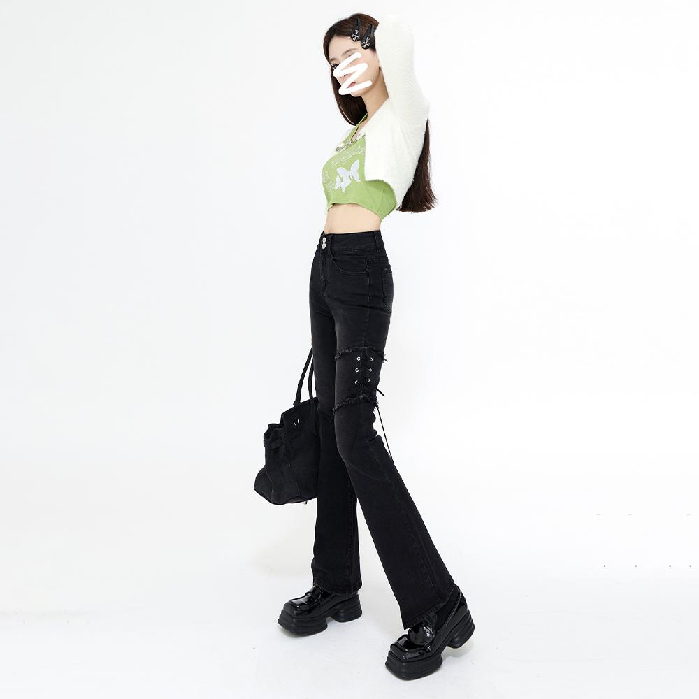 Lace Up Flare Jeans Women Summer Black Vintage High Waist Slim Skinny Pants Denim Trouser Streetwear Korean Fashion Y2K