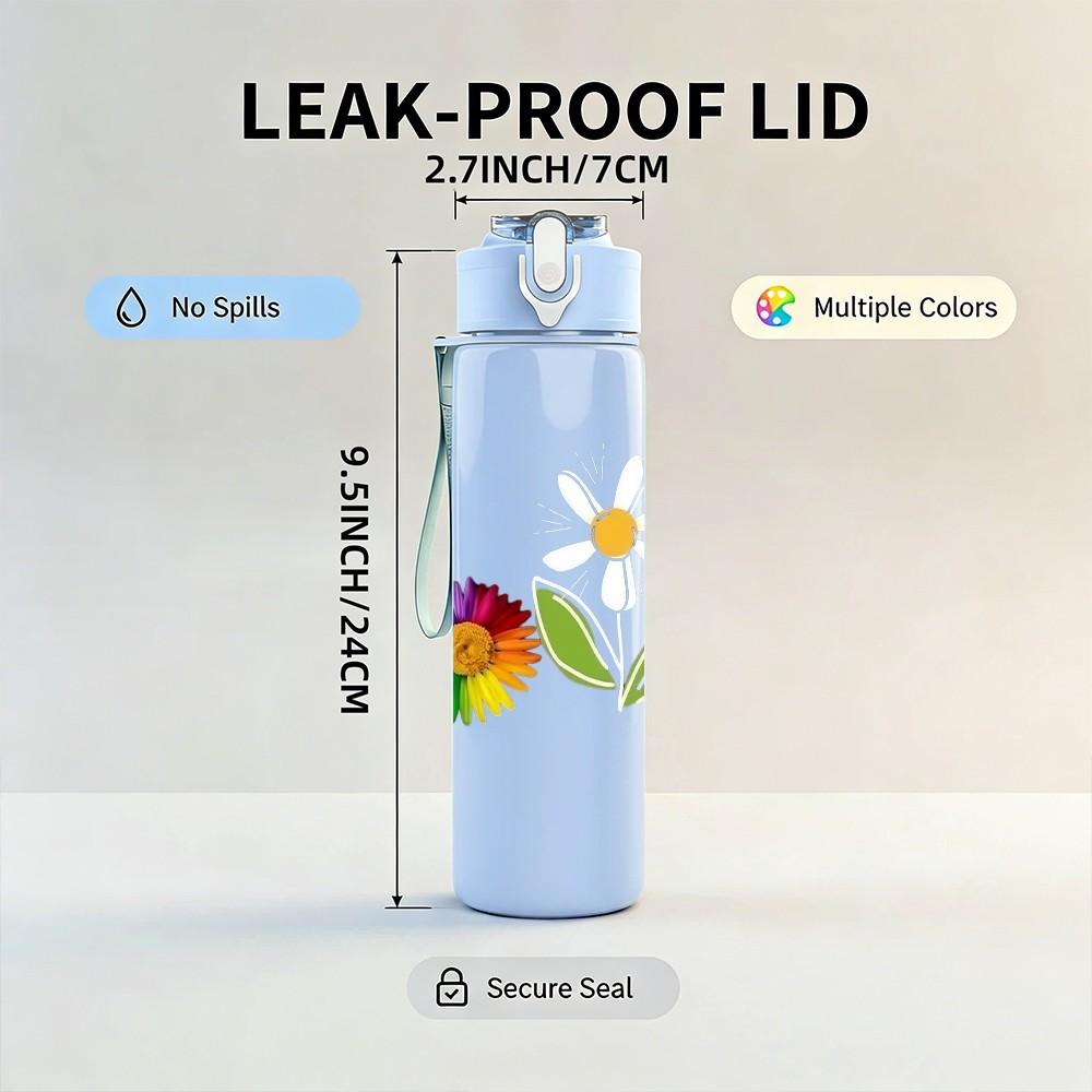 1PC Rainbow Daisy Simple Cute Floral Art 750ml Color Plastic Sports Water Bottle Leakproof Flip Straw Lid Suitable for Sports Office Home Use