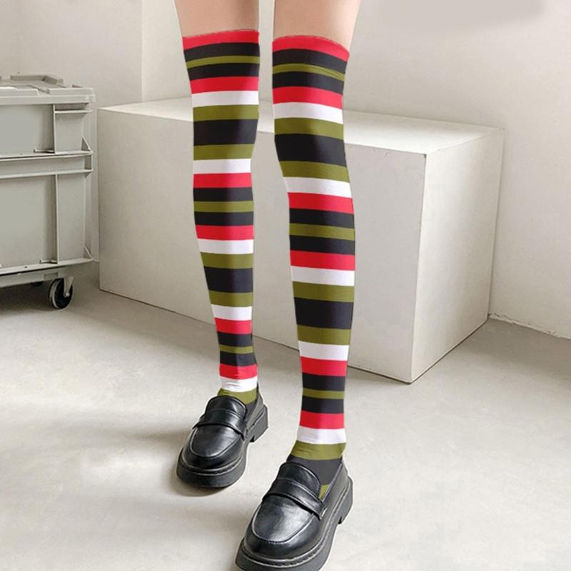 Rainbow Multicolor Striped Print Over the Knee Stockings for Women Carnivals Parties Anime Thigh High Long Socks Hosiery