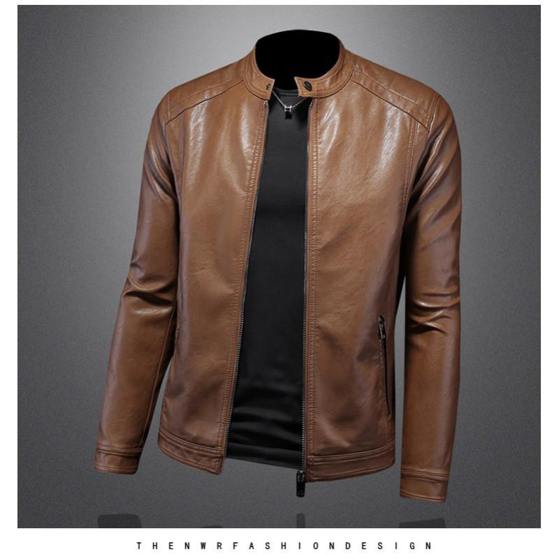Mens PU Leather Biker Jacket With Stand Collar Slim Fit Casual Outerwear