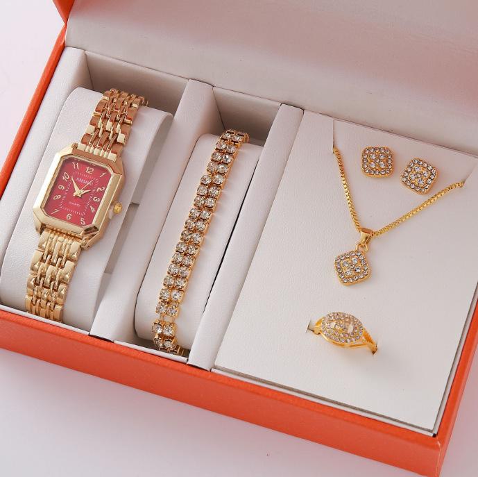 Popular Gift Set, Light Luxury Full Diamond Women'S Watch Necklace, Bracelet, Stud Earrings, And A Gift Box For Mother'S Day.