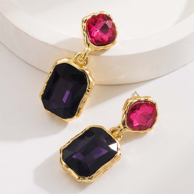 Bohemian Colorful Crystal Square Pendant Earrings For Women Girls Vintage Gold Color Geometric Earrings Wedding Jewelry