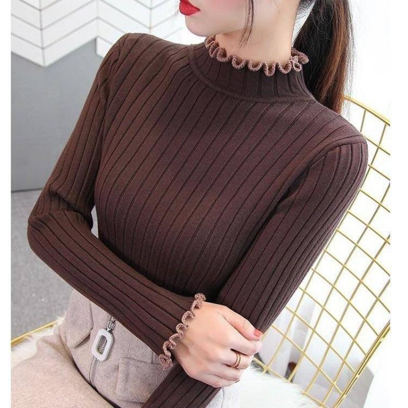 Höst och vinter ny enfärgad öronkant i trä halvhög hals inuti tröjan damtröja Smal tunn stickad bottentröja