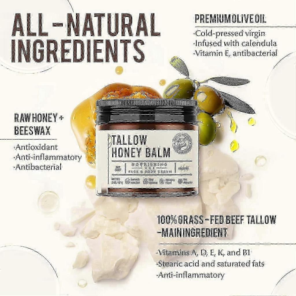 2PCS Beef Tallow for Skin Care - Grass-Fed Beef Tallow and Raw Honey Balm - Unscented Natural Tallow Face