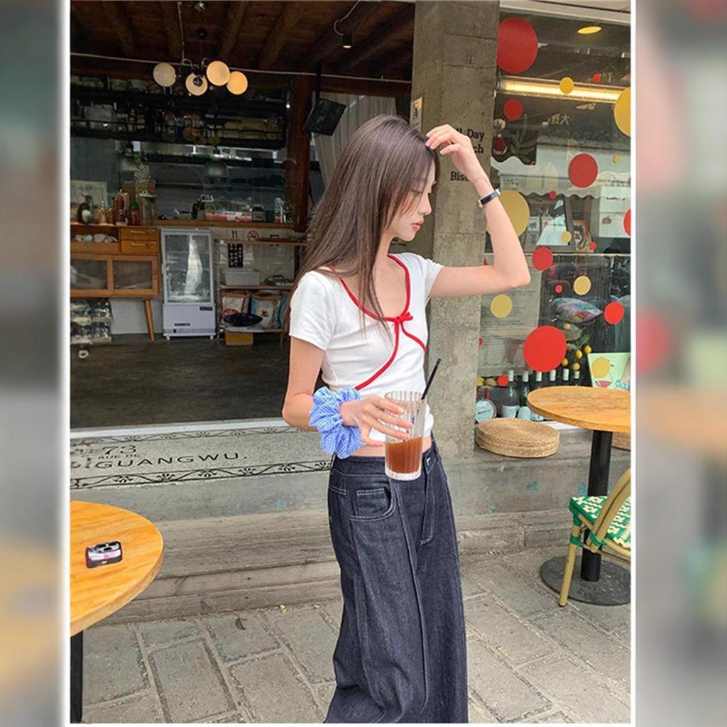 Short-sleeved T-shirt Women's Summer New Spice Girl Slim and Thin Red Bow Student V-neck Short Top Trendy