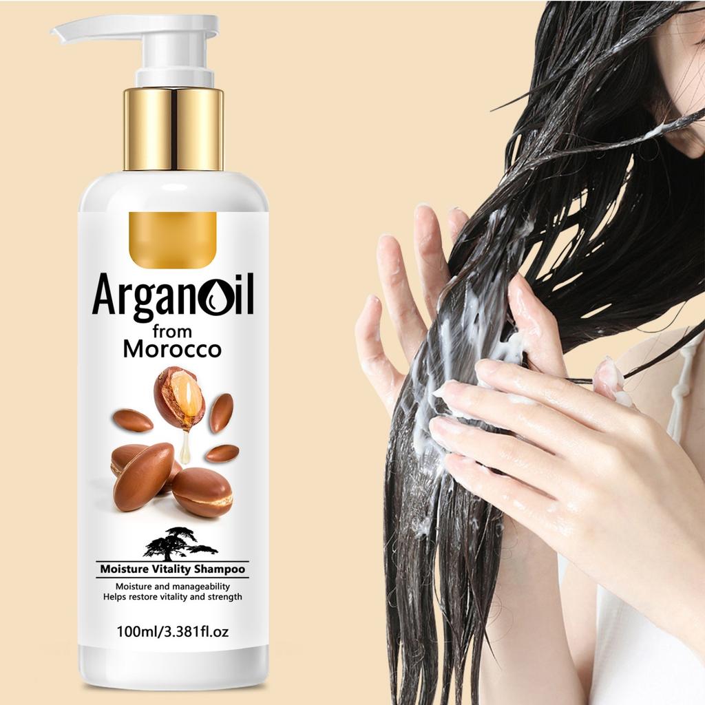 Champú de aceite de argán que suaviza el cabello encrespado, hidrata y limpia profundamente.