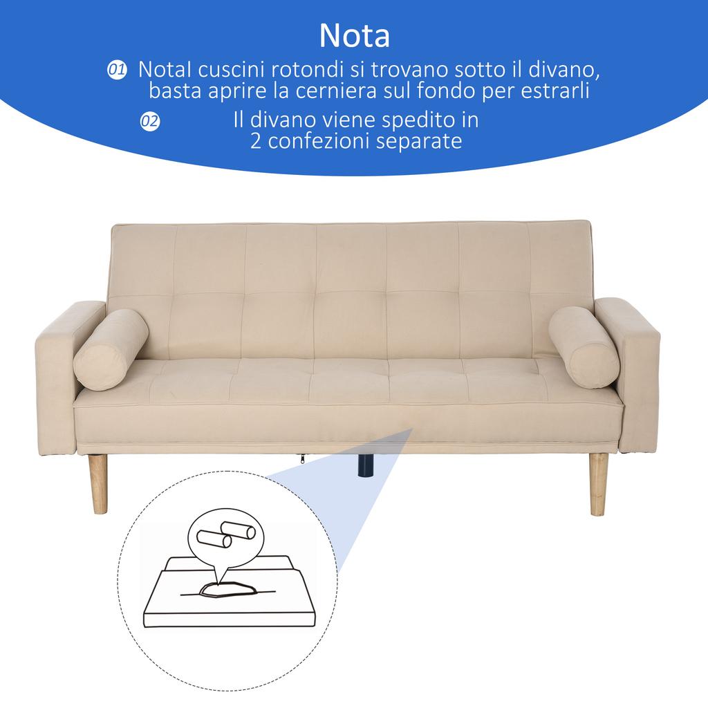 3-Seater Sofa Bed with Backrest Adjustable To 3 Levels, 2 Cushions and Removable Armrests, Beige, 185x84x85cm