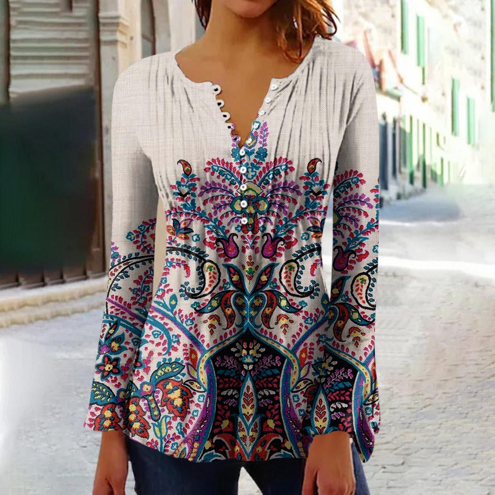 Женские расклешенные рукава с принтом Воротник на пуговицах Пуговицы Длинные рукава — фото 11