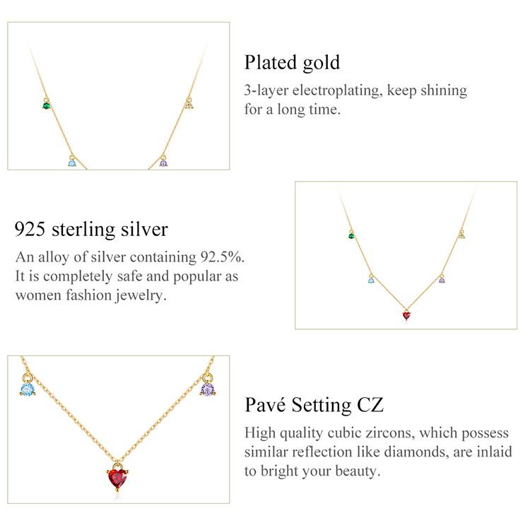 BAMOER 925 Sterling Silver Elegant Gold-plated Five Colored Zircon Necklace for Women Elegant Fine Jewelry