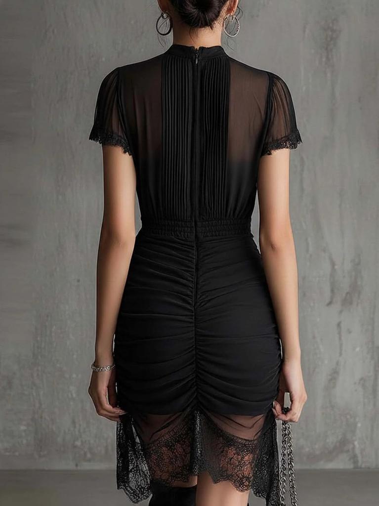 New European and American Style Black Sheer Lace Patchwork Dress, Slimming High-slit Short Skirt with Lace