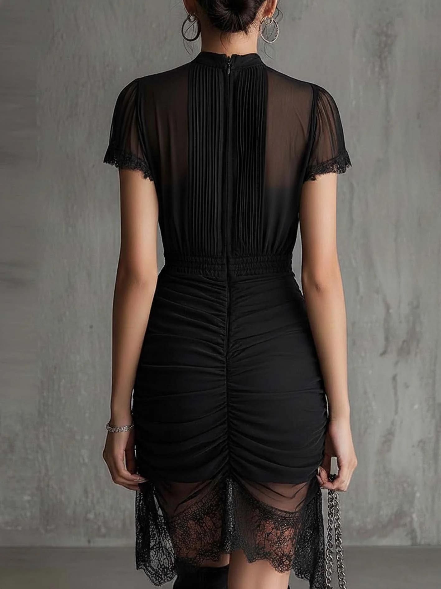 2026 new European and American style black perspective lace splicing dress slim and thin high split skirt lace S