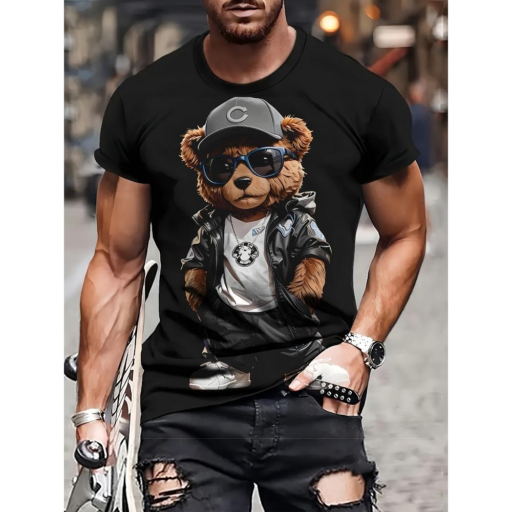Europäische Größen Herren Lustiges Grafik-T-Shirt - Cooler Teddybär mit Modebrille Urban Streetwear T-Shirt - Weiches atmungsaktives Polyesterhemd für Partys