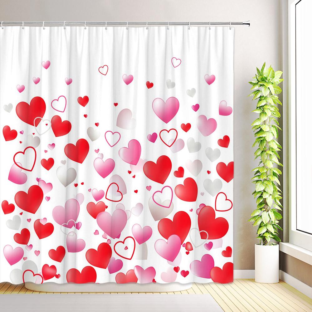 Valentine s Day Shower Curtain Romantic Pink Red Love Heart Rose Flower Mushroom Bathroom Decor Fabric Bath Curtain with Hooks 35x70inch-90x180cm