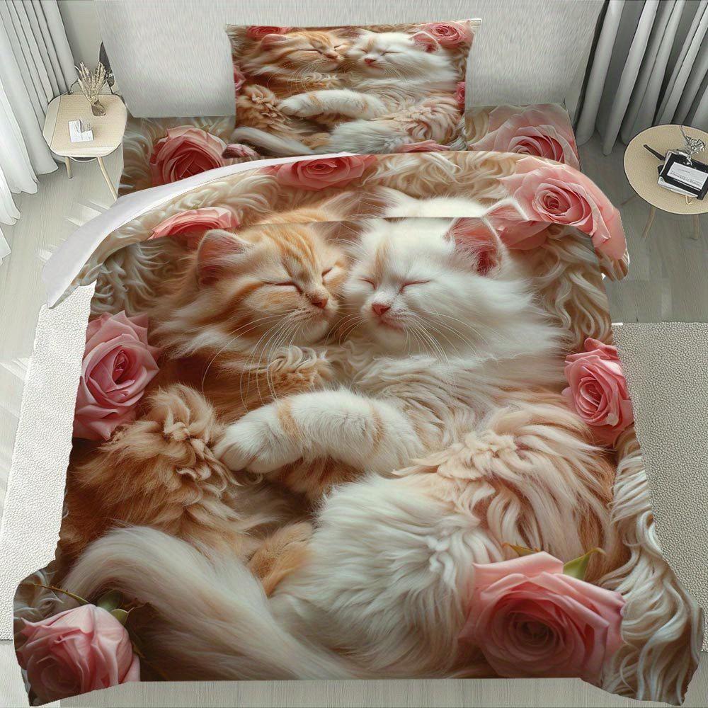 Lifesmells 2/3pcs Kitten and Rose Duvet Cover Set Romantic Cat and Flower Bed Cover Set Cozy and Adorable Bedding Set