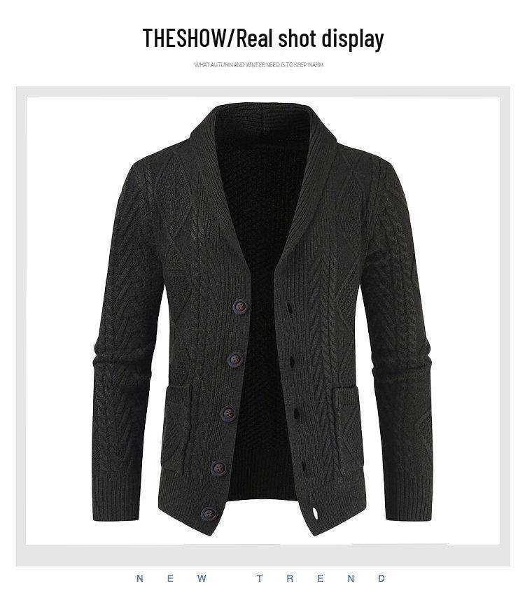 Suéter Cardigan Masculino Plus Size de Tricô com Tranças e Gola Lapela - Peça de Roupa Casual da Moda