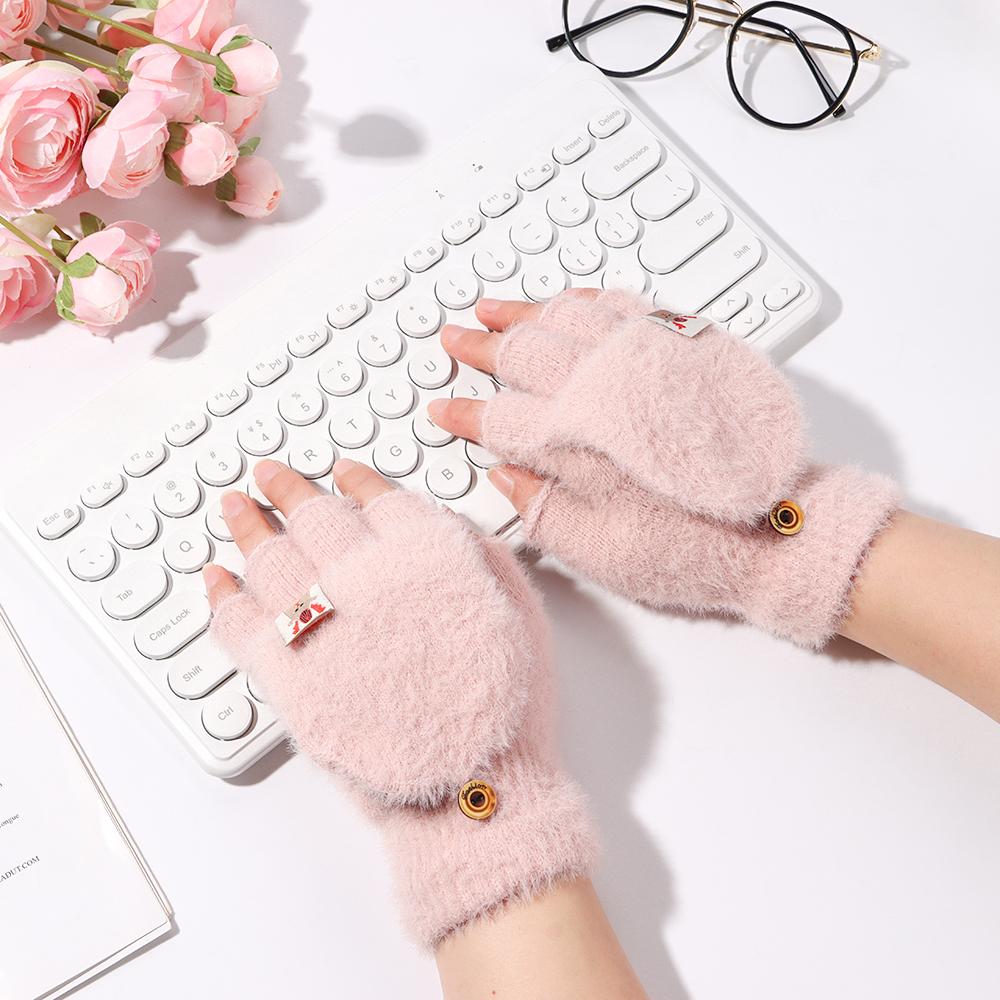 Cute Plush Cold Proof Fawn Flip Cover Winter Gloves Half-finger