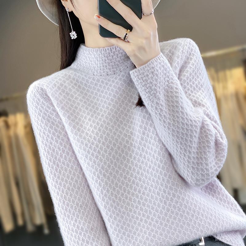 2023 Autumn Women's Cable Knit Sweater, Half-High Collar, Thick Drop Shoulder, Loose Fit, Lazy Style Base Layer