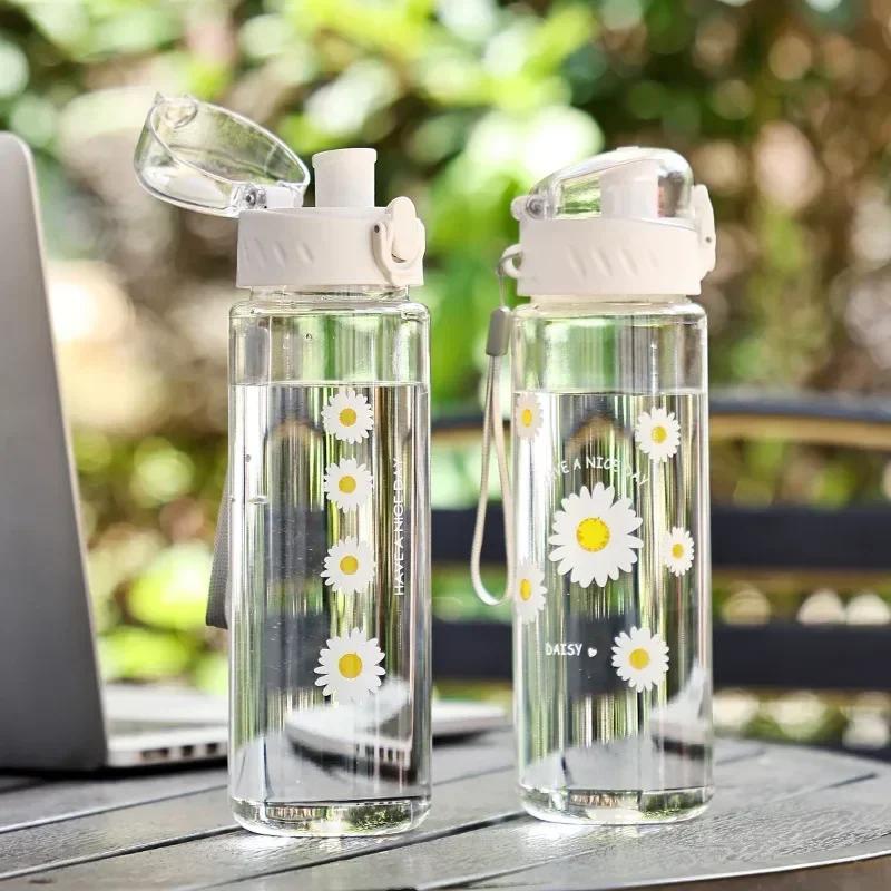 600ml Daisy Flower Plastic Water Bottle Sports Transparent Water Bottle Portable Gym Travel Clear Leakproof Drinking Bottle