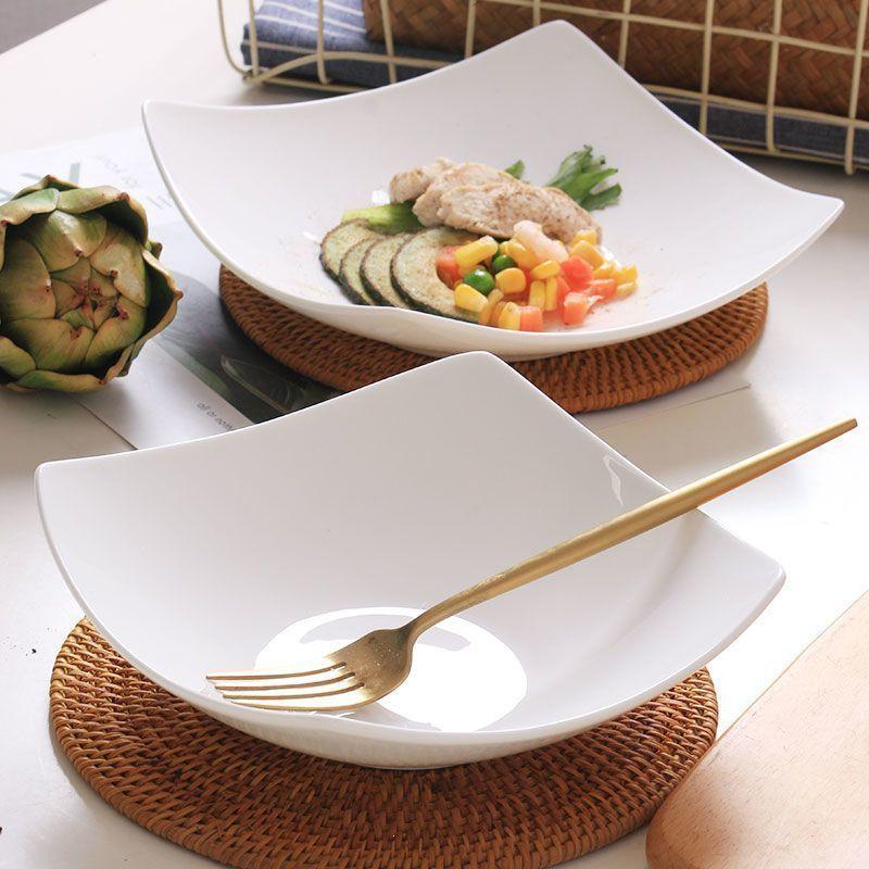 Nordic Style High-Value Square Ceramic Dinner Plate with Raised Foot – Light Luxury Deep Plate/Salad Bowl.