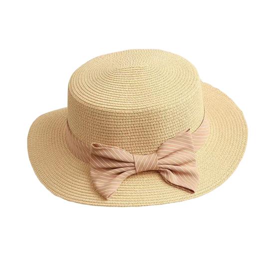 Beach Straw Hat Flat Top Wide Brim Sun Protection Hat with Striped Print Ribbon Bow Hand-Woven Breathable Summer Hat
