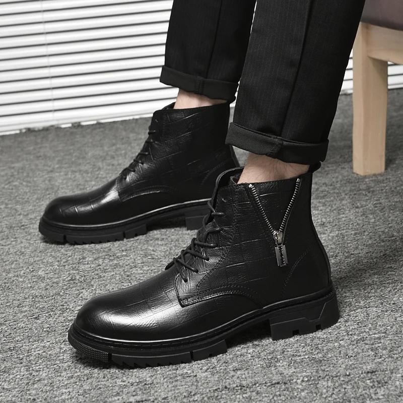Boots for Mens Fashion Leather Shoes Luxury Brand Ankle Genuine Leather Business Boots Lace-Up Male Thick Soled Shoes High-end