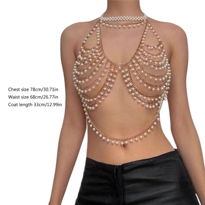 Multi Layer Pearls Beaded Halter Neck Bra Vest for Women Hollowed Chest Chain Body Jewelry Bralette Raves Party Clubwear