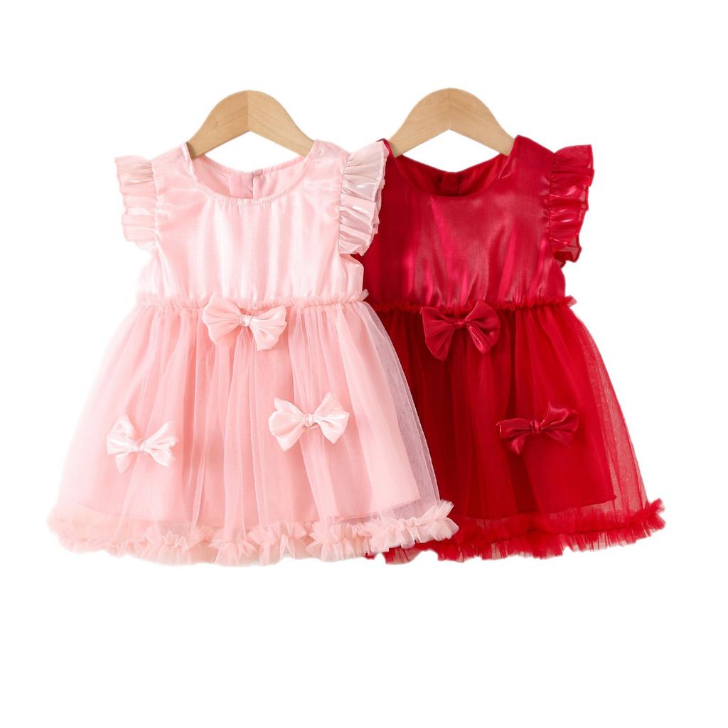 Girls' Fashionable Bow Tie Netted Chiffon Dress - Summer Children's Princess-style Dress