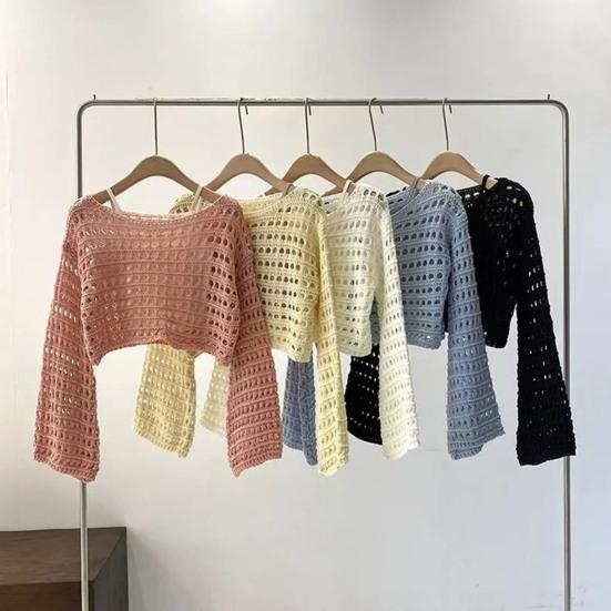 Couverture de protection solaire Col rond Manches extra longues Doux Extensible Protection solaire Pulls Hauts Couleur unie Design ajouré Hauts courts en tricot
