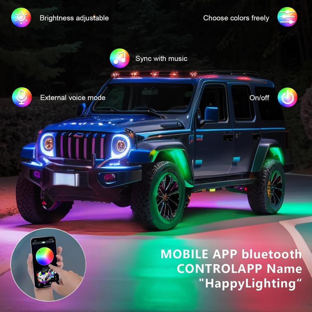 RGB Rock Lights, 10 Pods 360 LEDs SMD Chips Super Bright App Control Underglow Neon Light Exterior Chassis Wheel Well Glow Kit For Off Road Cars