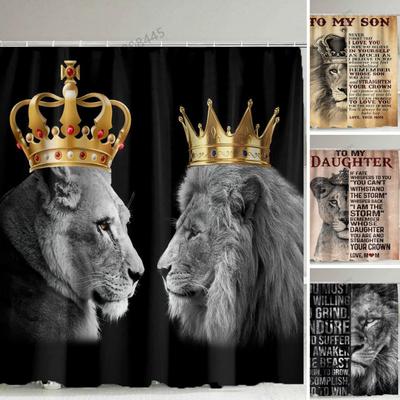 Schwarz Grau Krone Löwe Der König Königin Duschvorhang Retro Text für Kinder Tochter Sohn Badevorhang Moderner Badezimmer Vorhang